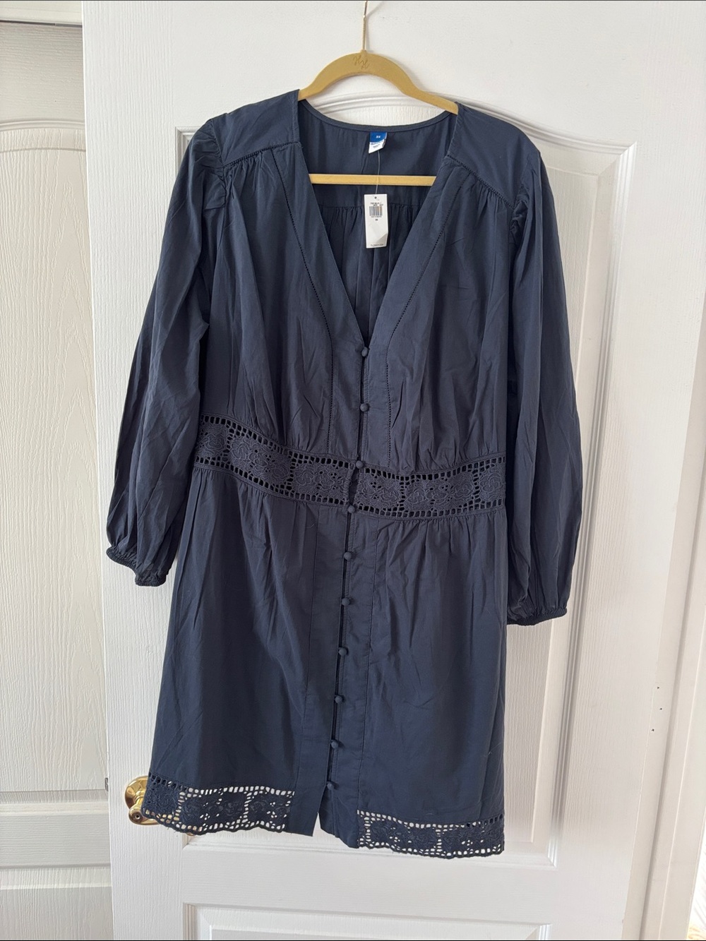 Old Navy Dark Blue Long-Sleeve ButtonFront Dress with Crochet Waist and Details